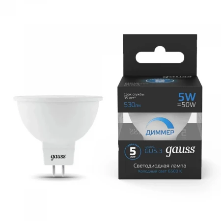 Лампа cветодиодная диммируемая Gauss GU5,3 5W 6500K прозрачная 101505305-D