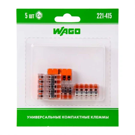 221-415 Универсальная компактная клемма 5-контактная до 4,0 мм² (5 шт/уп) WAGO 07-5165-05