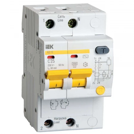 KARAT Дифференциальный автомат АД12 2P 25А 30мА тип AC IEK MAD10-2-025-C-030
